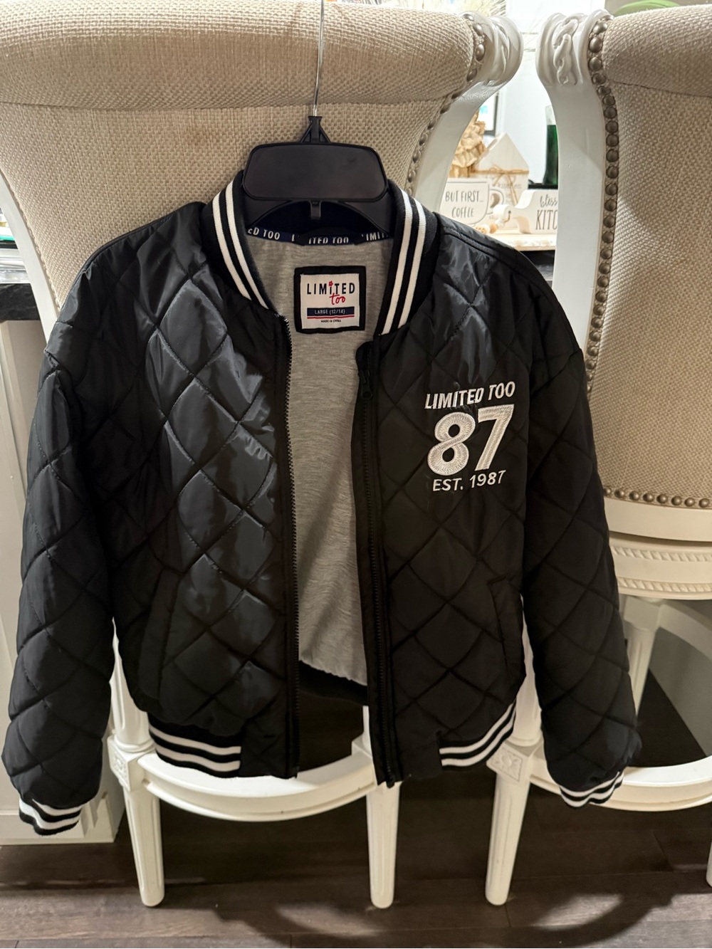 Limited Too Black Quilted Bomber Jacket with White Trim